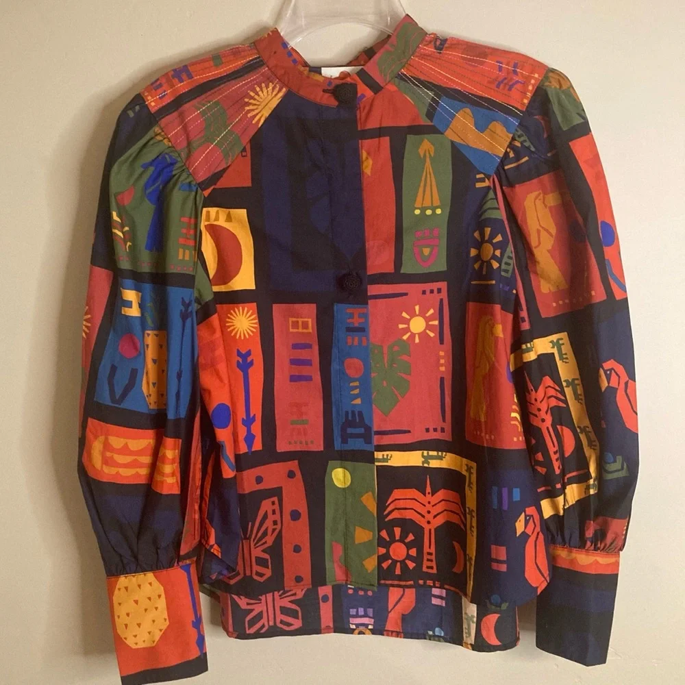 NEW FARM Rio Colorful Tropical Icons Blouse Puff Sleeves Cotton Bird Size S or M